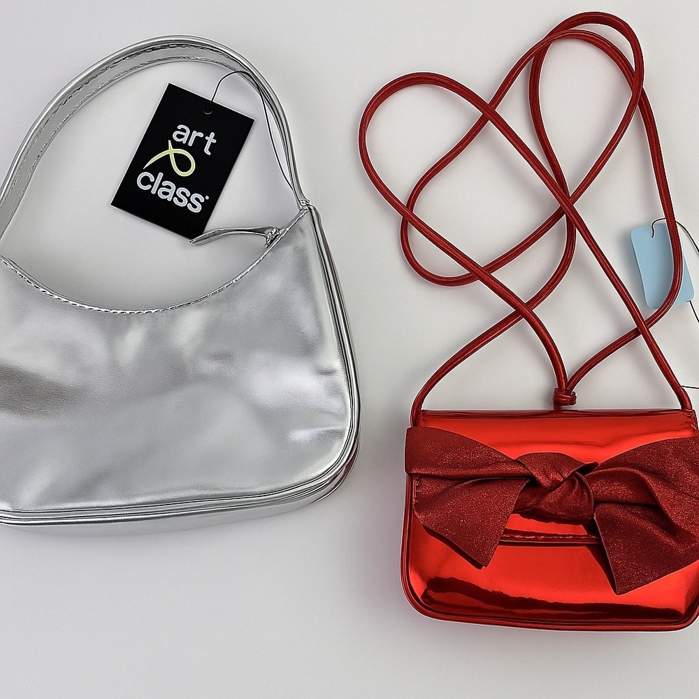 Art Pair - Class Silver Metallic Shoulder Bag + Red Bow Crossbody Purse‎ Set NWT